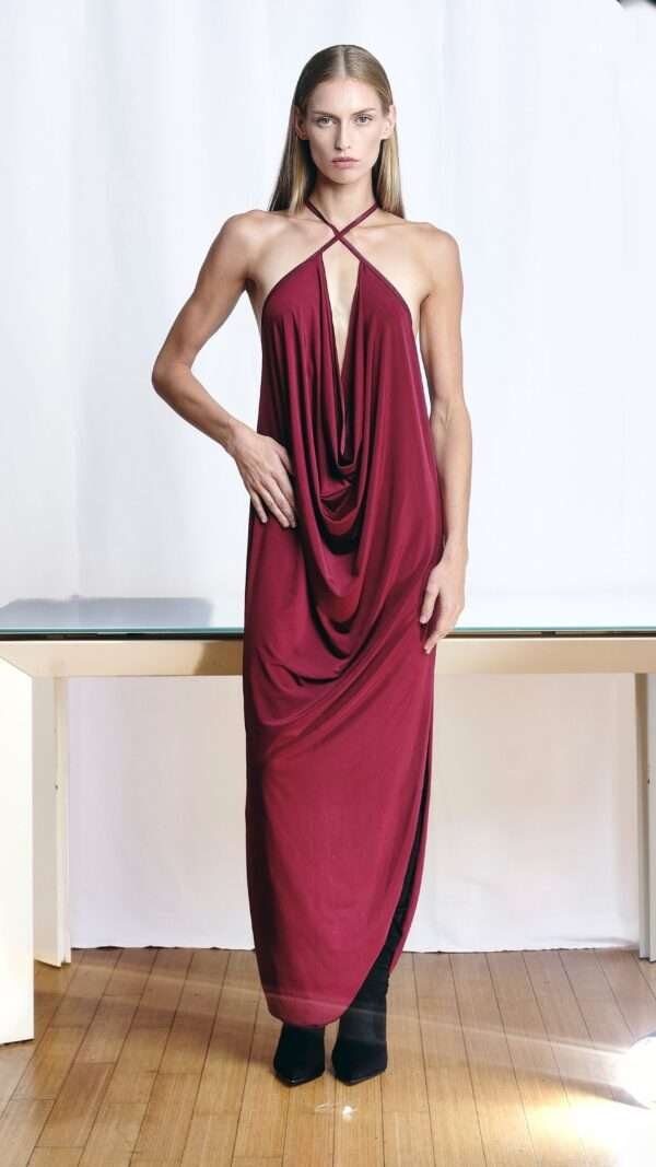 Maroon Plunging Cowl Maxi Dress